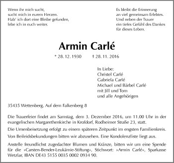 Traueranzeige von Armin Carle von  Gießener Anzeiger
