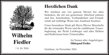 Traueranzeige von Wilhelm Fiedler von  Kreisanzeiger