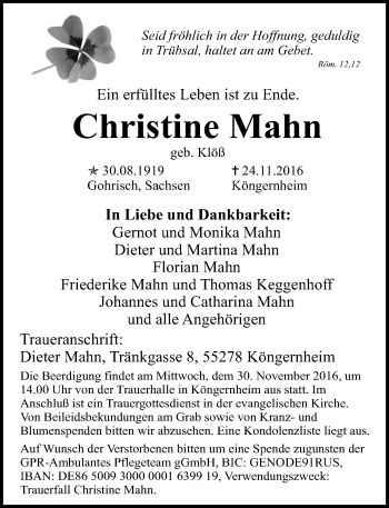 Traueranzeige von Christine Mahn von Trauerportal Rhein Main Presse