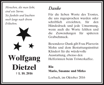 Traueranzeige von Wolfgang Dietzel von  Kreisanzeiger