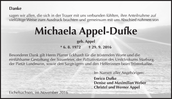 Traueranzeige von Michaela Appel-Dufke von  Kreisanzeiger