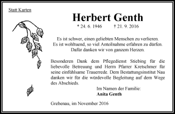 Traueranzeige von Herbert Genth von VRM Trauer