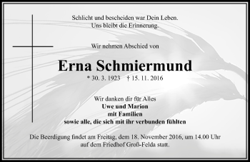 Traueranzeige von Erna Schmiermund von VRM Trauer