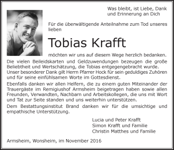 Traueranzeige von Tobias Krafft von Trauerportal Rhein Main Presse