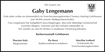 Traueranzeige von Gaby Lengemann von  Gelnhäuser Tageblatt