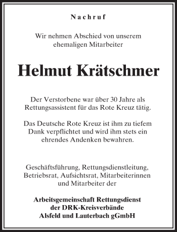 Traueranzeige von Helmut Krätschmer von VRM Trauer