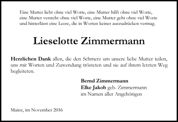 Traueranzeige von Lieselotte Zimmermann von Trauerportal Rhein Main Presse