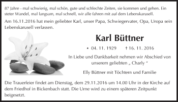 Traueranzeige von Karl Büttner von Trauerportal Echo Online