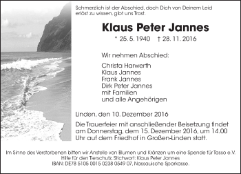 Traueranzeige von Klaus Peter Jannes von  Gießener Anzeiger