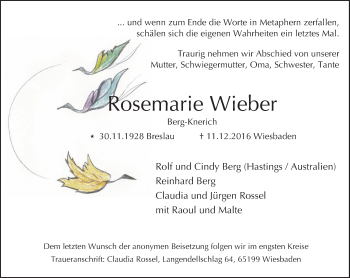 Traueranzeige von Rosemarie Wieber von Trauerportal Rhein Main Presse