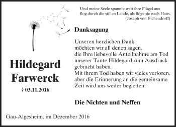 Traueranzeige von Hildegard Farwerck von Trauerportal Rhein Main Presse