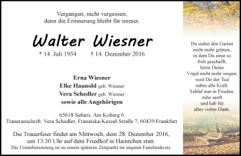Traueranzeige von Walter Wiesner von  Camberger Anzeiger