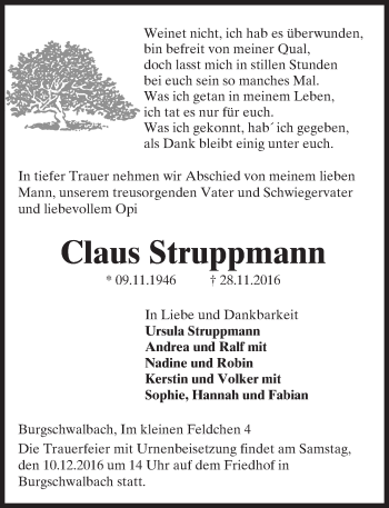 Traueranzeige von Claus Struppmann von Trauerportal Rhein Main Presse