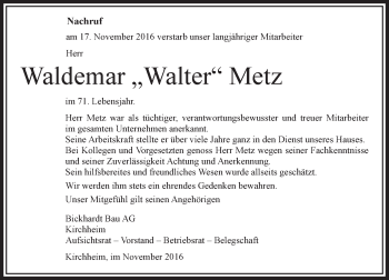 Traueranzeige von Waldemar Metz von VRM Trauer