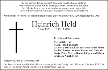 Traueranzeige von Heinrich Held von Trauerportal Rhein Main Presse
