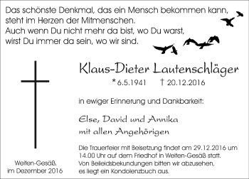 Traueranzeige von Klaus-Dieter Lautenschläger von Trauerportal Echo Online