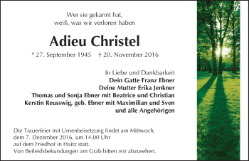 Traueranzeige von Christel Ebner von  Gelnhäuser Tageblatt