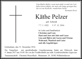 Traueranzeige von Käthe Pelzer von VRM Trauer