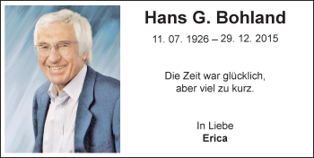 Traueranzeige von Hans G. Bohland von Trauerportal Rhein Main Presse
