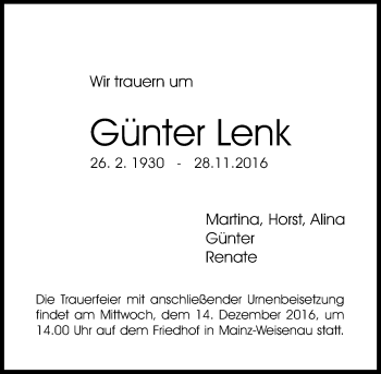 Traueranzeige von Günter Lenk von Trauerportal Rhein Main Presse