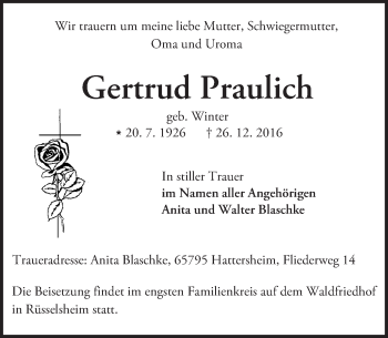 Traueranzeige von Gertrud Praulich von Trauerportal Rhein Main Presse