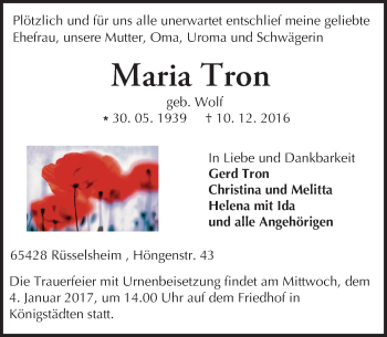 Traueranzeige von Maria Tron von Trauerportal Rhein Main Presse