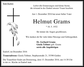 Traueranzeige von Helmut Grams von VRM Trauer