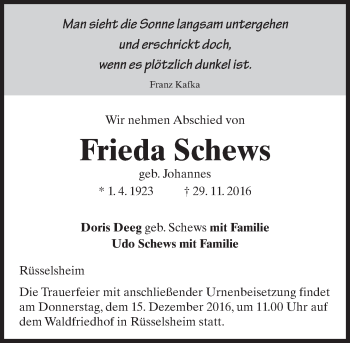 Traueranzeige von Frieda Schews von Trauerportal Rhein Main Presse