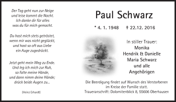 Traueranzeige von Paul Schwarz von Trauerportal Rhein Main Presse