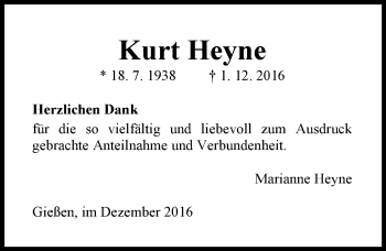 Traueranzeige von Kurt Heyne von  Gießener Anzeiger