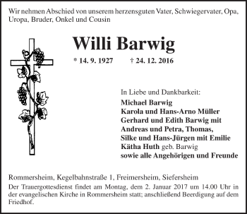Traueranzeige von Willi Barwig von Trauerportal Rhein Main Presse