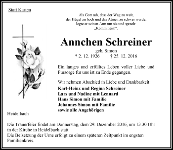 Traueranzeige von Annchen Schreiner von VRM Trauer