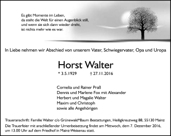 Traueranzeige von Horst Walter von Trauerportal Rhein Main Presse