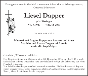 Traueranzeige von Liesel Dapper von Trauerportal Rhein Main Presse