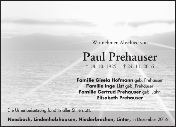 Traueranzeige von Paul Prehauser von  Camberger Anzeiger