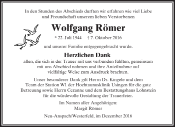 Traueranzeige von Wolfgang Römer von  Usinger Anzeiger Traueranzeige von Wolfgang Römer von  Usinger Anzeiger