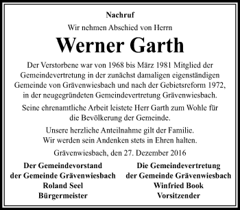 Traueranzeige von Werner Garth von  Usinger Anzeiger
