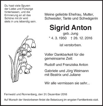 Traueranzeige von Sigrid Anton von  Gießener Anzeiger