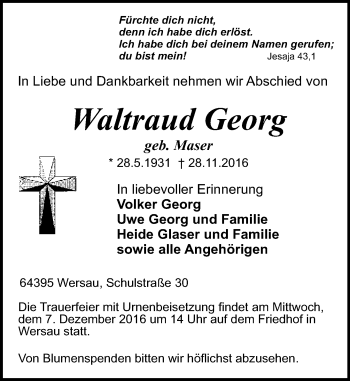 Traueranzeige von Waltraud Georg von Trauerportal Echo Online
