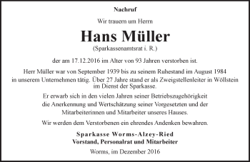 Traueranzeige von Hans Müller von Trauerportal Rhein Main Presse
