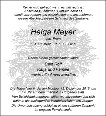 Traueranzeige von Helga Meyer von VRM Trauer