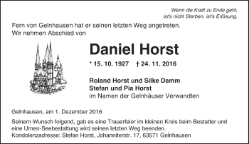 Traueranzeige von Daniel Horst von  Gelnhäuser Tageblatt