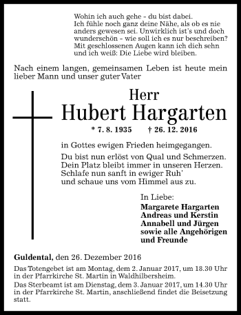 Traueranzeige von Hubert Hargarten von Trauerportal Rhein Main Presse