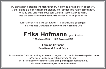 Traueranzeige von Erika Hofmann von Trauerportal Rhein Main Presse