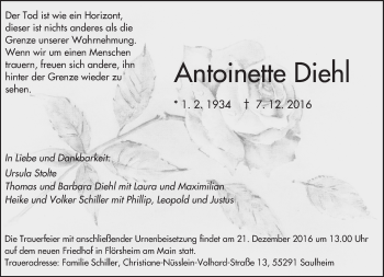 Traueranzeige von Antoinette Diehl von Trauerportal Rhein Main Presse