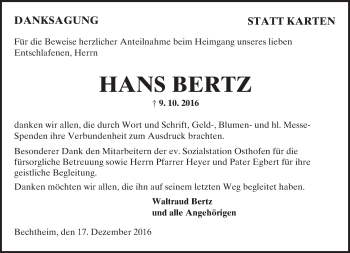 Traueranzeige von Hans Bertz von Trauerportal Rhein Main Presse