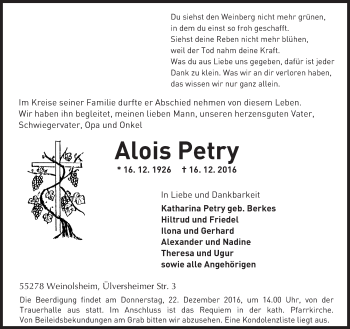 Traueranzeige von Alois Petry von Trauerportal Rhein Main Presse