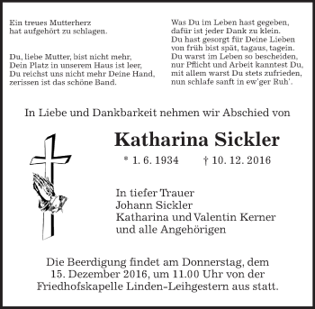 Traueranzeige von Katharina Sickler von  Gießener Anzeiger