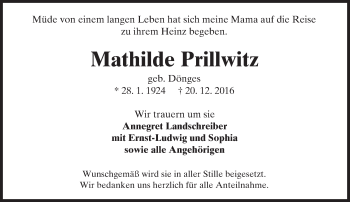 Traueranzeige von Mathilde Prillwitz von  Gelnhäuser Tageblatt
