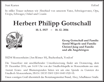 Traueranzeige von Herbert Philipp Gottschall von Trauerportal Rhein Main Presse